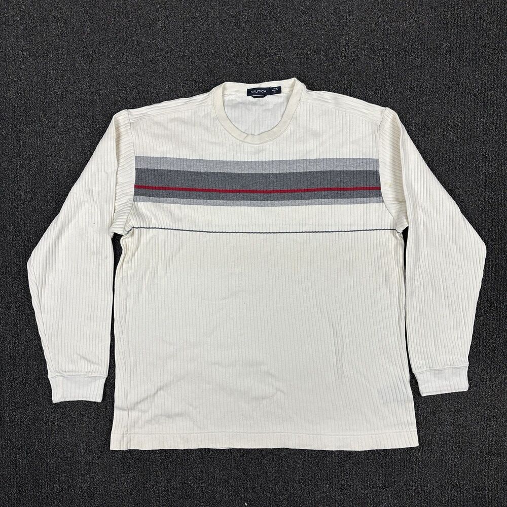 Vintage Nautica Sweater White Long Sleeve Men's Pullover Stripped Y2K Size Large